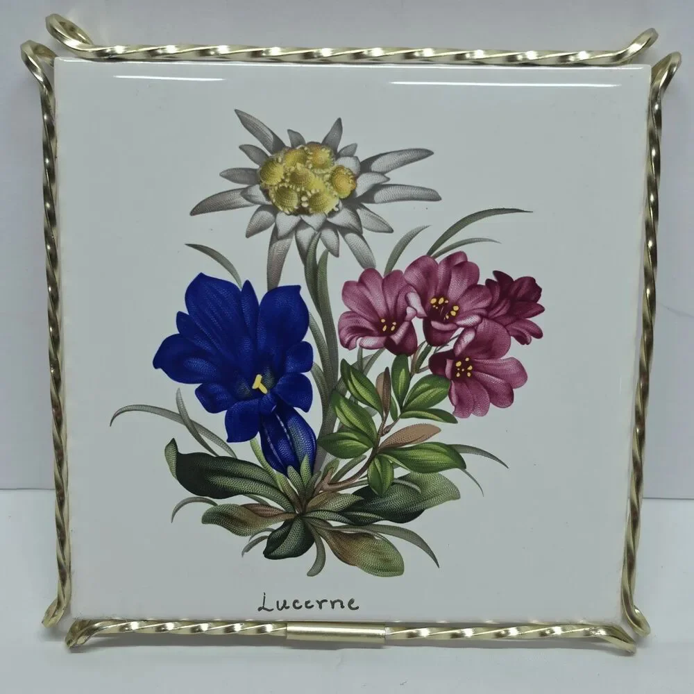 Vintage Floral Ceramic Tile Trivet Stand Coaster France Gold Toneetal Frame Boho